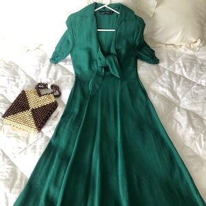 ZARA DUCK GREEN MIDI DRESS WITH FRONT TIE.